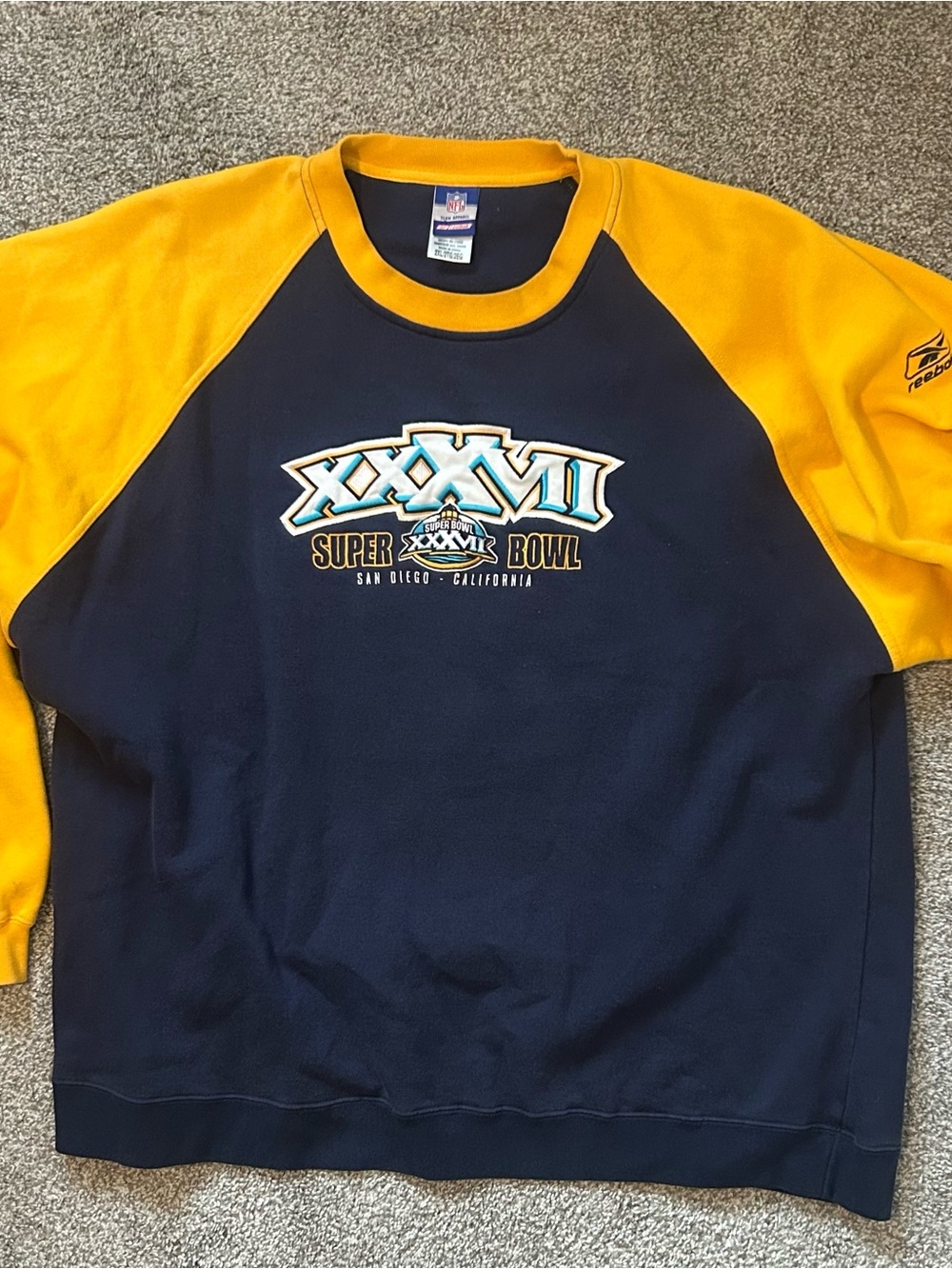 Vintage Reebok Super Bowl XXXVII Crewneck Sweatshirt Mens 2XL Raglan 2003 NFL
